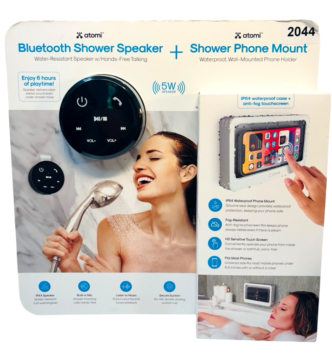 Atomi Bluetooth Shower Speaker + Shower Phone Mount, 5W SPEAKER, 6 HRS PLAY TIME