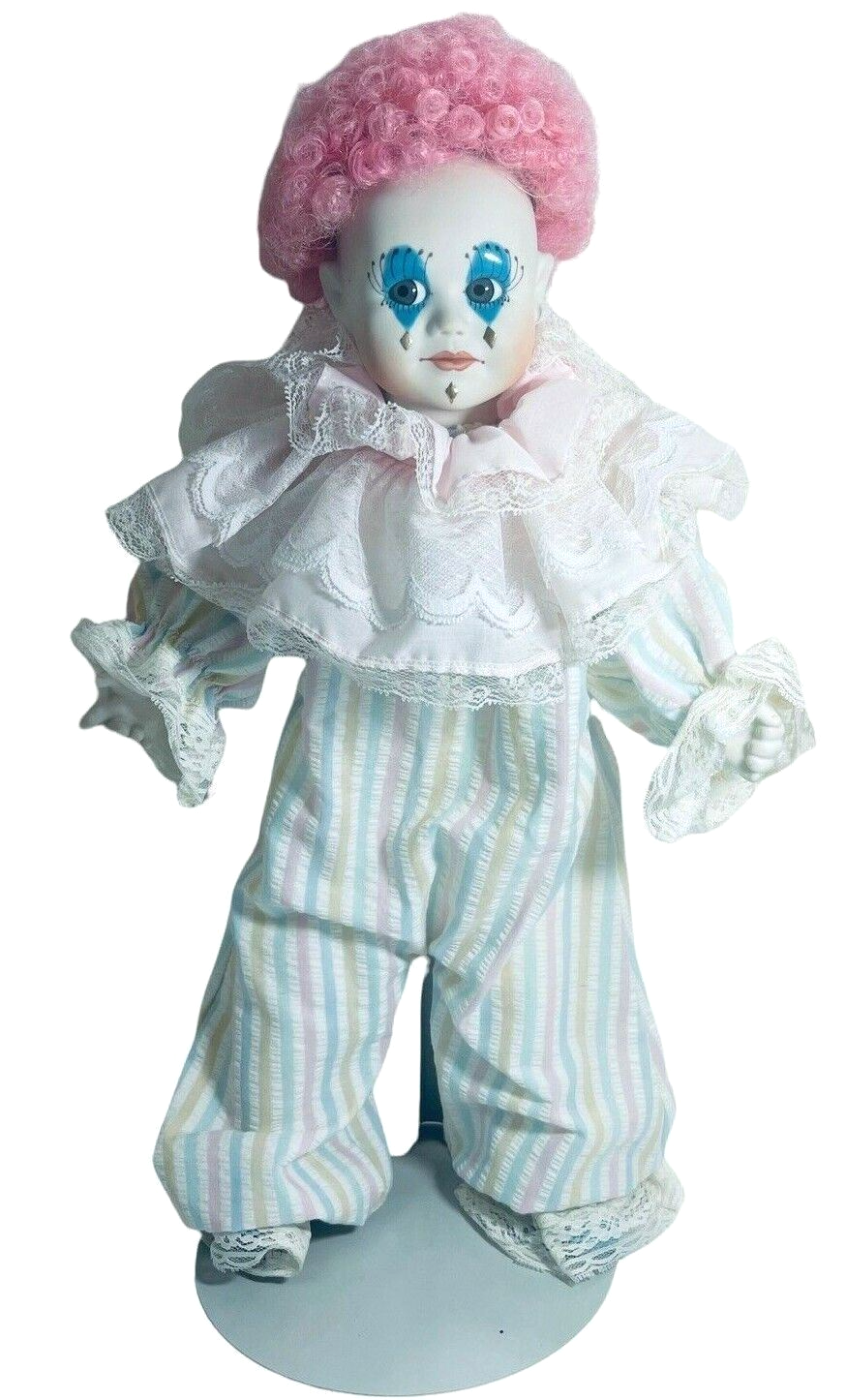 Adorable 20" Porcelain Clown Doll "1980 WINDUP, with Doll Stand, By; Joyce Wolf