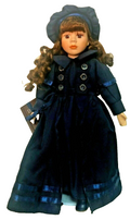 Design PS Victorian Porcelain Doll 15'' w/Long Blue Coat & Satin Trim Hat-1990s