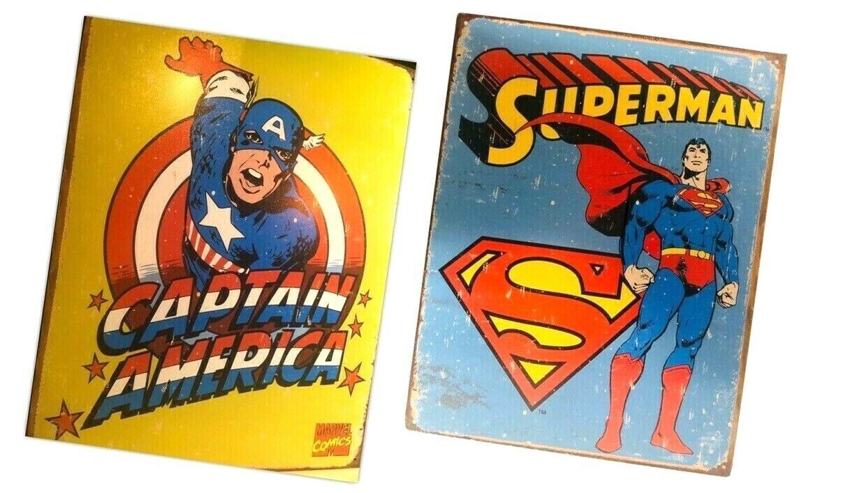 Retro DC Metal Tin Signs Superman & Captain America 2007 - UNBELEAVABLE RARE