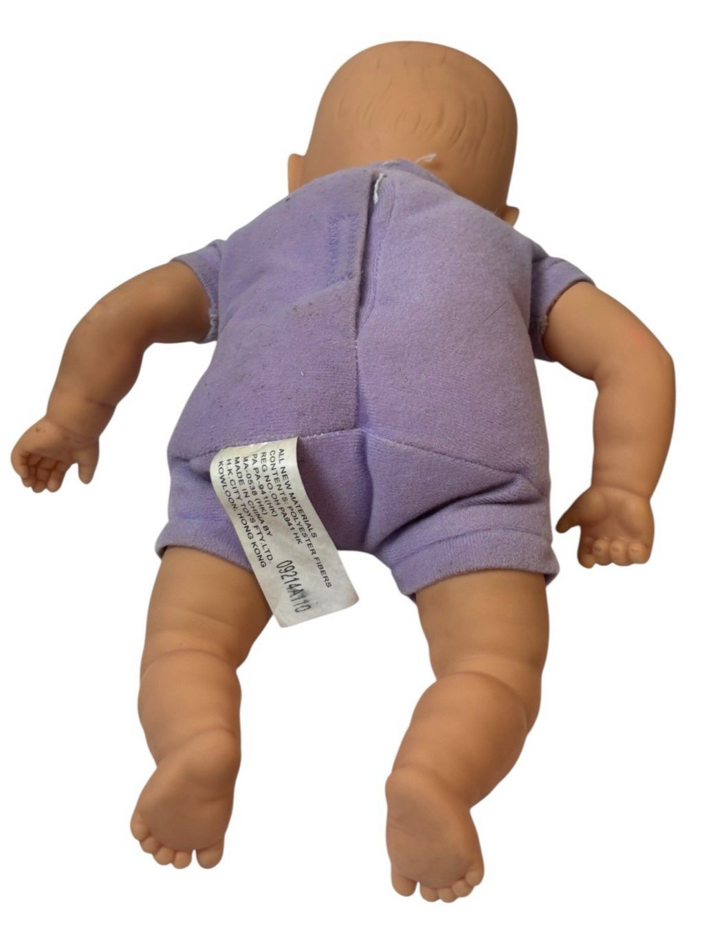 2008 Cititoy Baby Doll Blue Eyes Purple Body 13'' W/Elephant on White-Bib