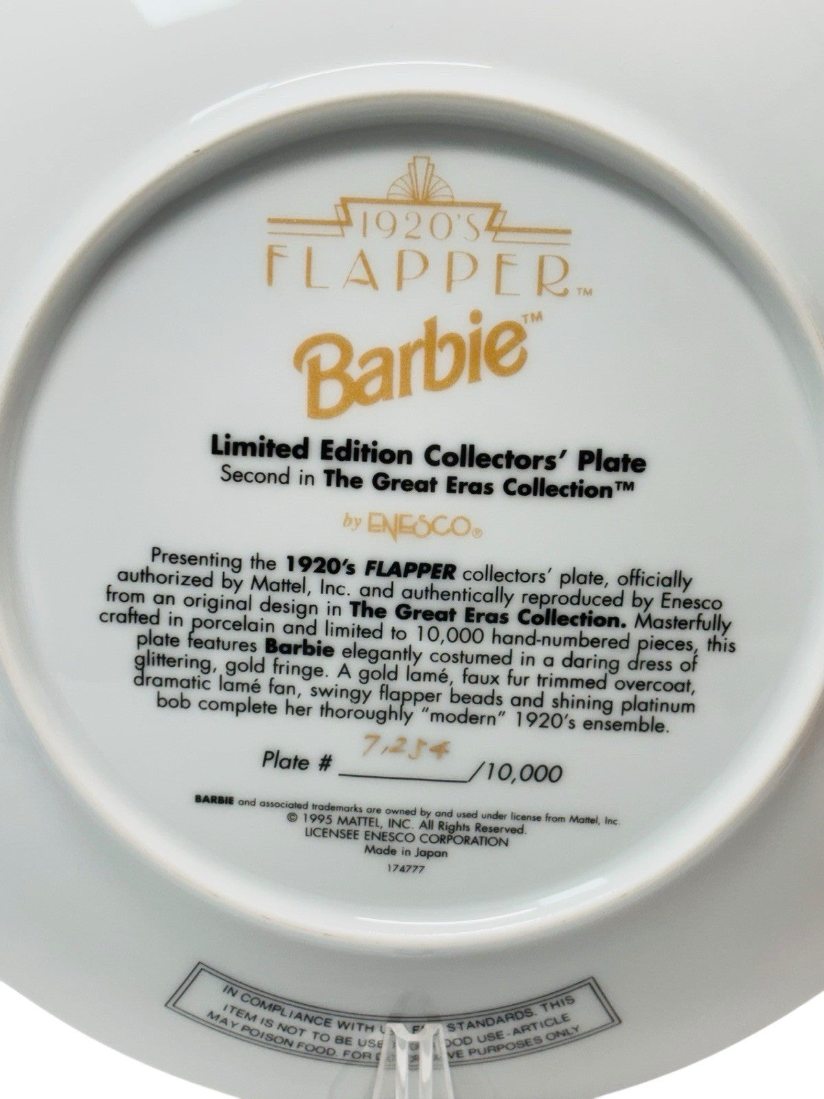 Enesco 1920s Flapper Barbie Collector Plate 7234/10,000 8.25" 1995 W/Certificate