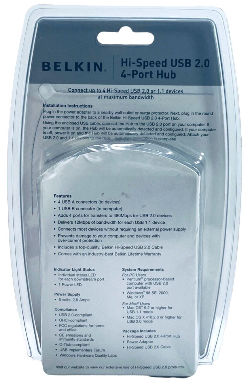 USB 2.04 Port Hub High Speed F5U234V Compatible w/Windows® 98 SE-2000 XP, Belkin