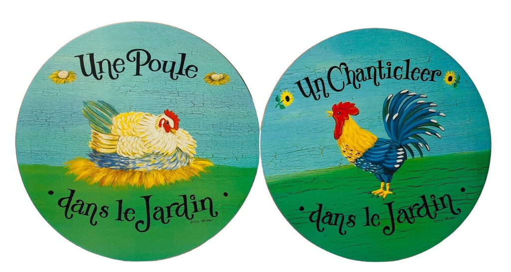 HOT PLATES 10X10" of CHICKEN~ROASTER IN THE GRADEN~TRIVETS - WRITTEN IN FRENCH