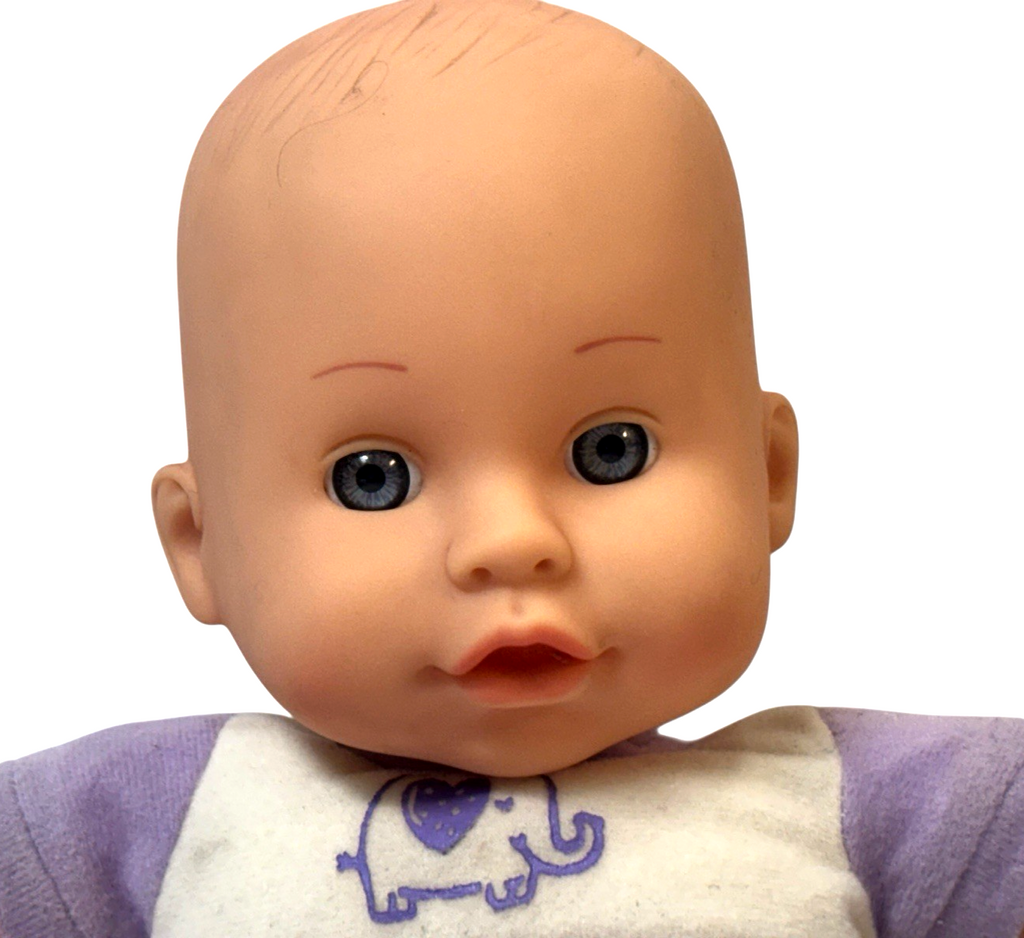 2008 Cititoy Baby Doll Blue Eyes Purple Body 13'' W/Elephant on White-Bib
