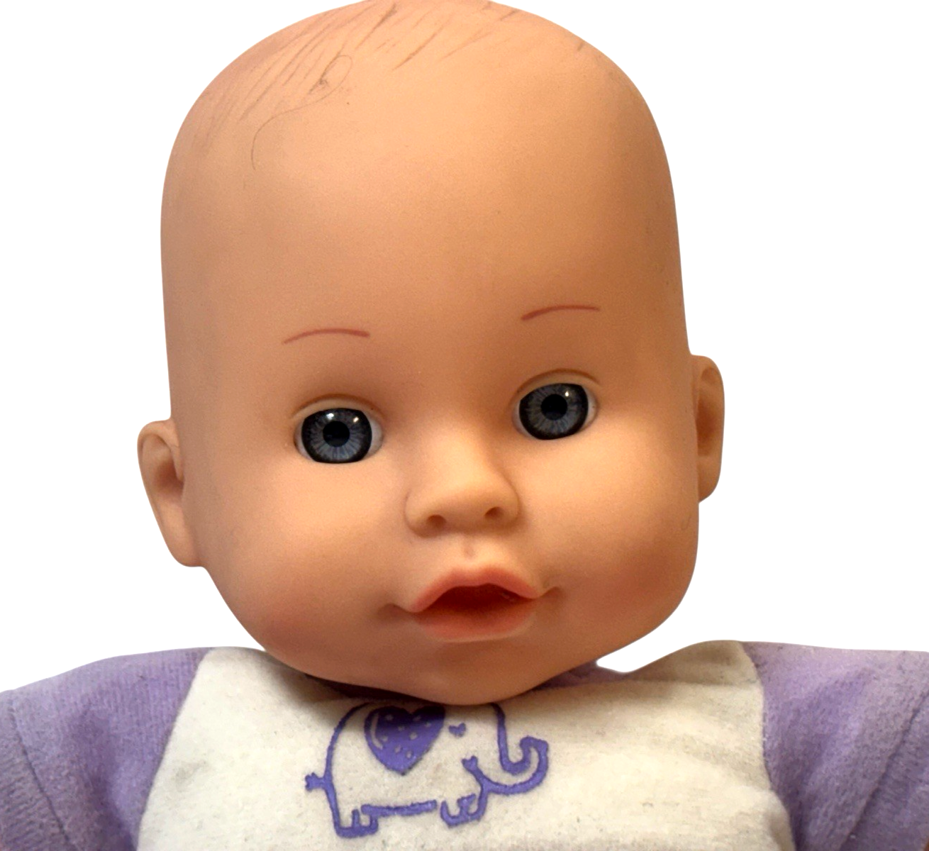2008 Cititoy Baby Doll Blue Eyes Purple Body 13'' W/Elephant on White-Bib