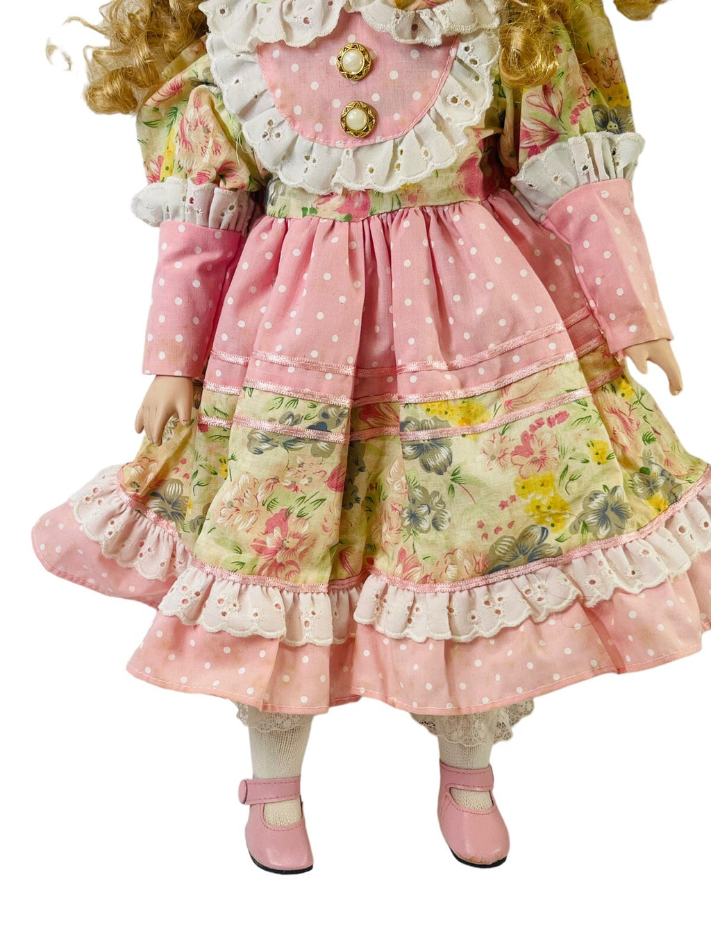 World Bazaars Bisque Sweet N Pink Porcelain Doll 19” Red Curly Hair & Blue Eyes.