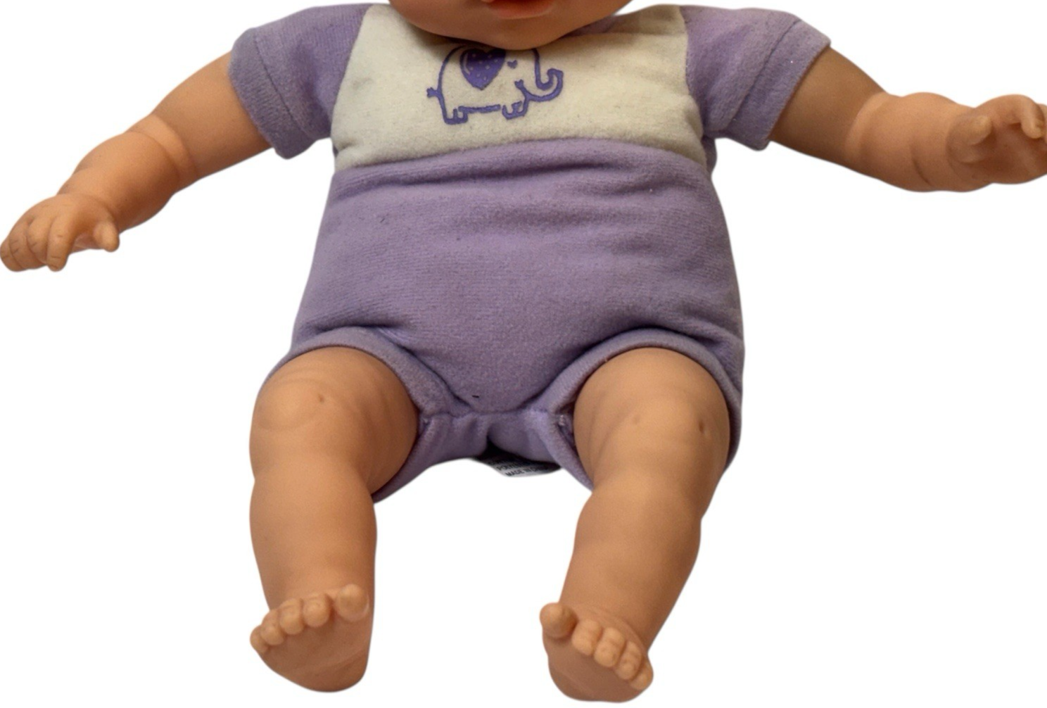 2008 Cititoy Baby Doll Blue Eyes Purple Body 13'' W/Elephant on White-Bib
