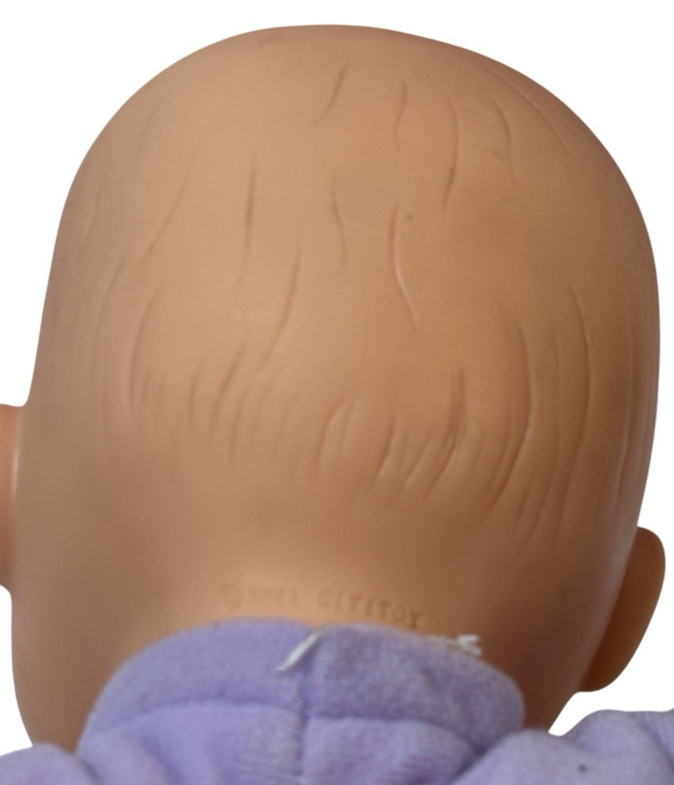 2008 Cititoy Baby Doll Blue Eyes Purple Body 13'' W/Elephant on White-Bib