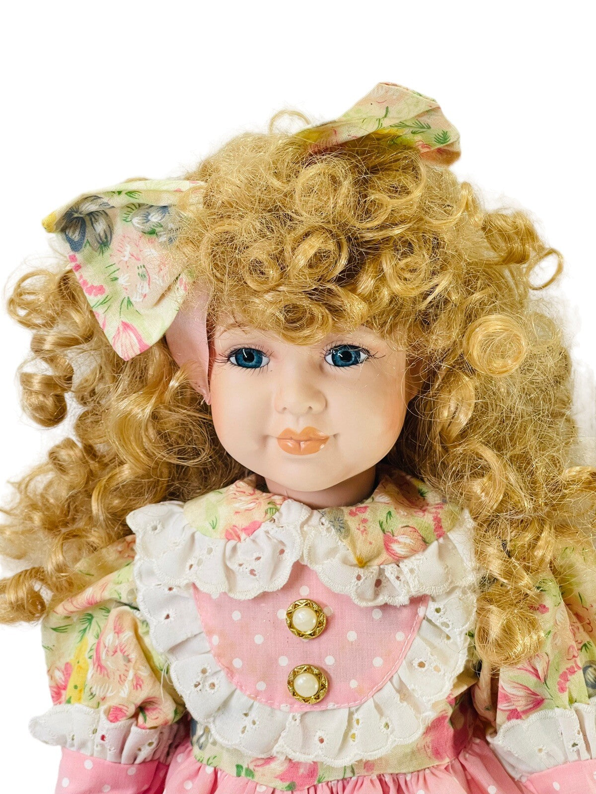 World Bazaars Bisque Sweet N Pink Porcelain Doll 19” Red Curly Hair & Blue Eyes.