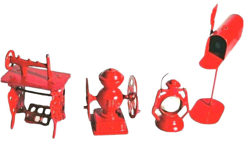 LOT of  4 METAL DOLLHOUSE SIZE Red Mailbox/Fire Hydrant/Lantern/Sewing Machine