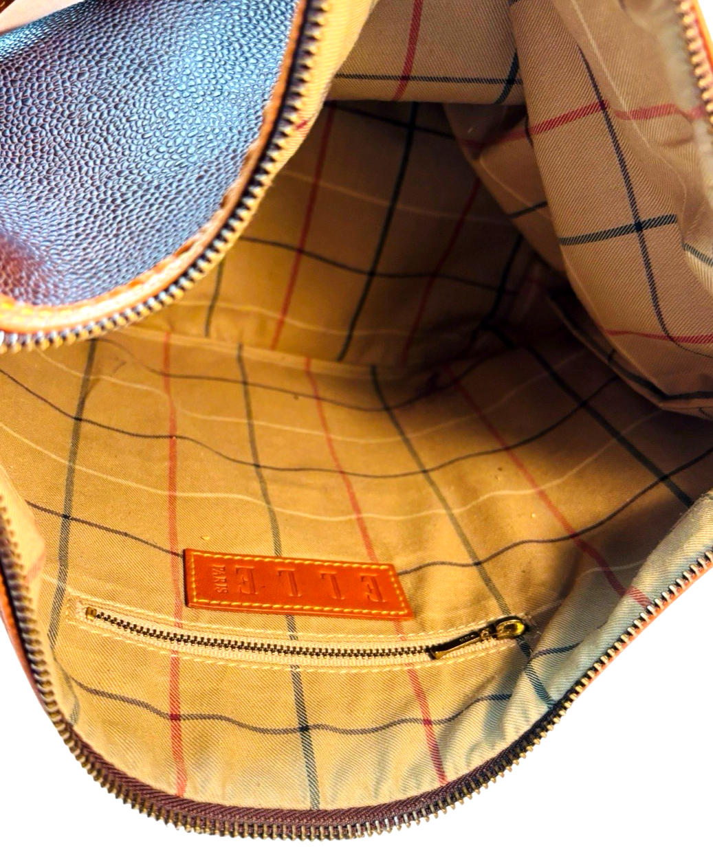 VINTAGE ELLE PARIS PURSE, ZIPPER CLOSER, ADJUSTABLE SHOULDER STRAP W 14” X H 11”
