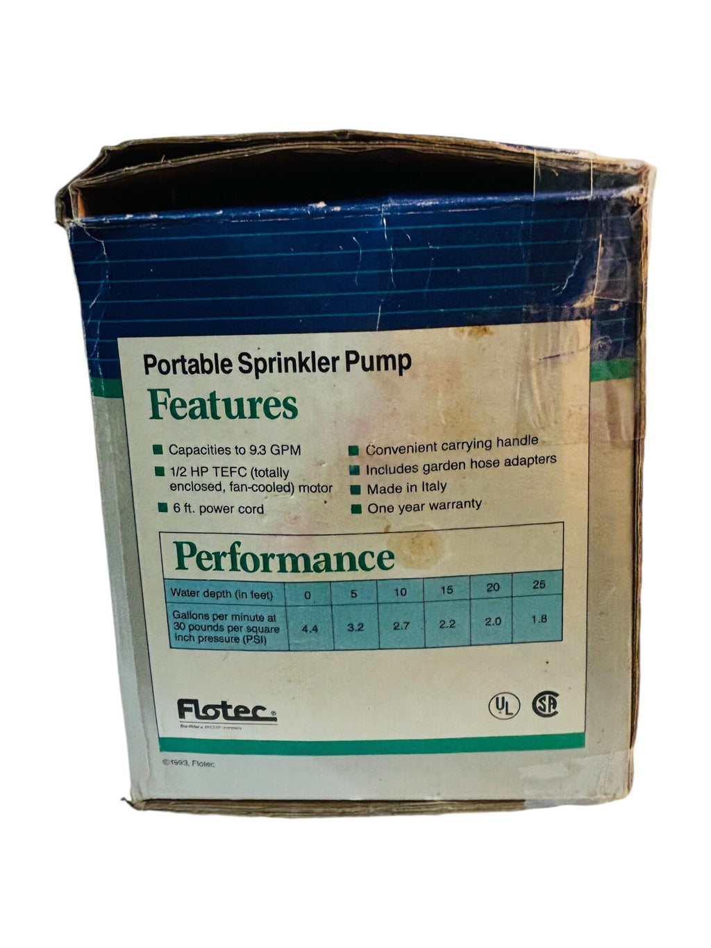 Flotec FP5112-00 10.3 GPM 1/2 HP Portable Sprinkler Pump 30 PSI W/Manual.