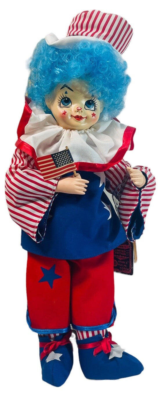 CLOWN 14" DOLL BRINNS JULY CALENDAR PORCELAIN, w/COA~IN ORIGINAL BOX.