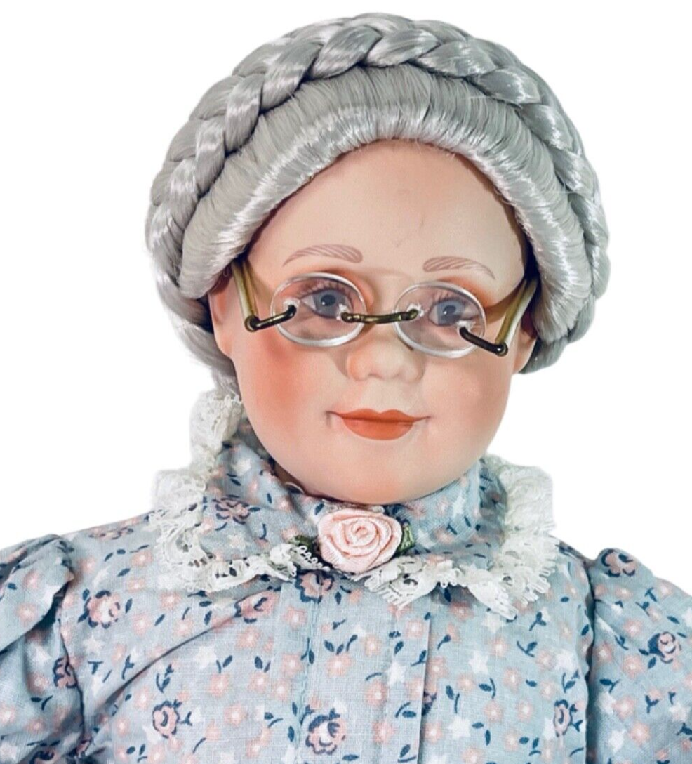 1991 Danbury Mint Porcelain Doll MBI Sitting Grandmother Sitting on Stool.
