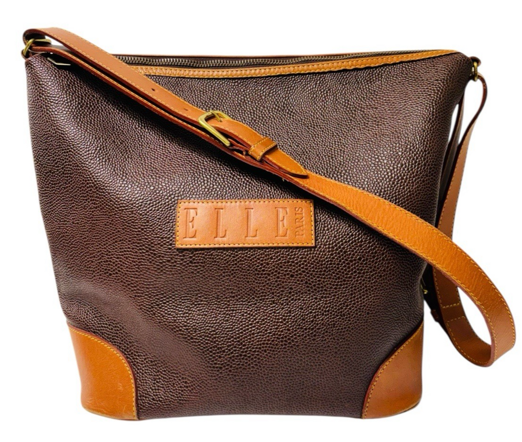 VINTAGE ELLE PARIS PURSE, ZIPPER CLOSER, ADJUSTABLE SHOULDER STRAP W 14” X H 11”