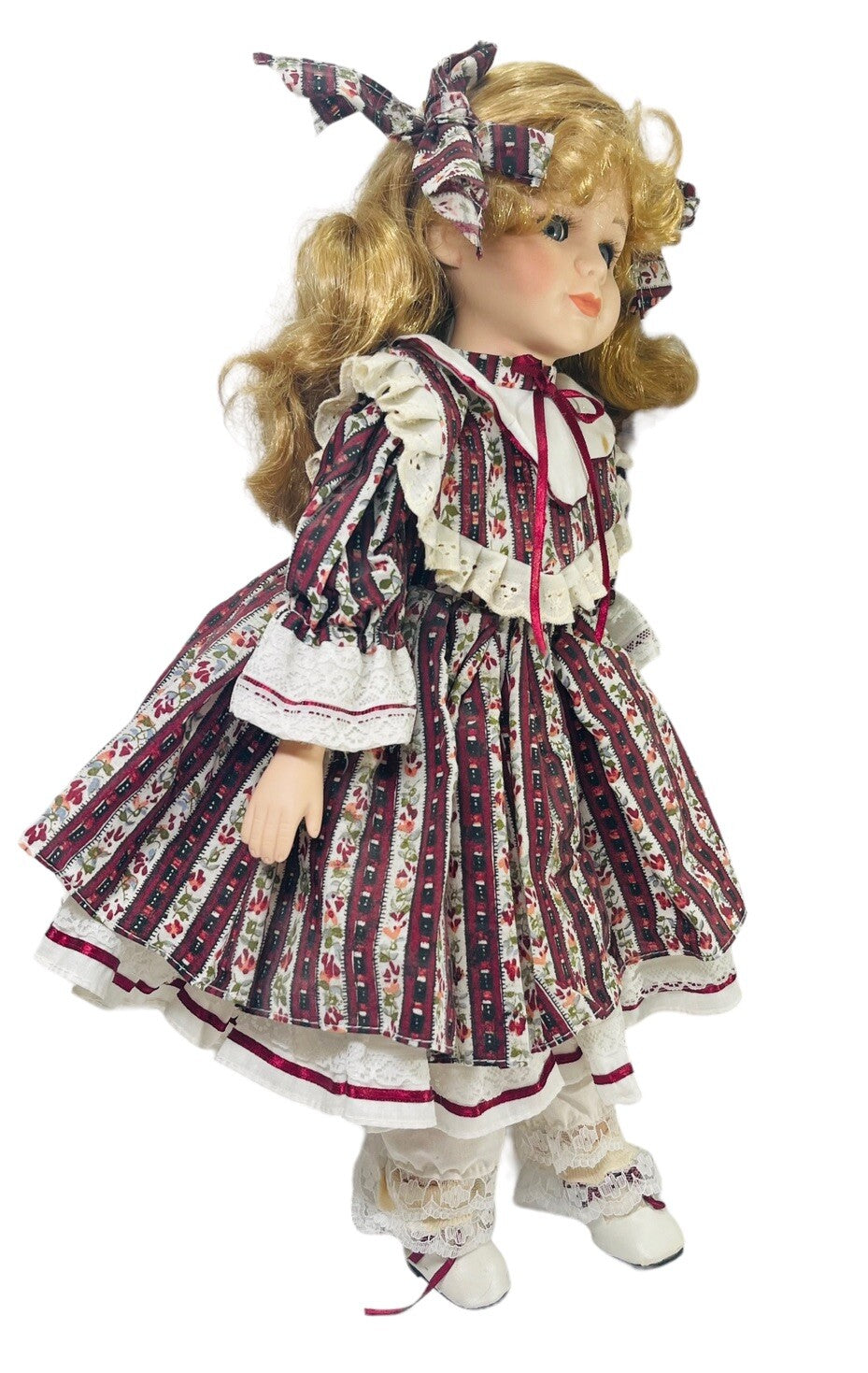 VINTAGE PORCELAIN DOLL BLONDE ~ BLUE EYES H 18''XW 6'' ~ WT. 1.7 lbs.