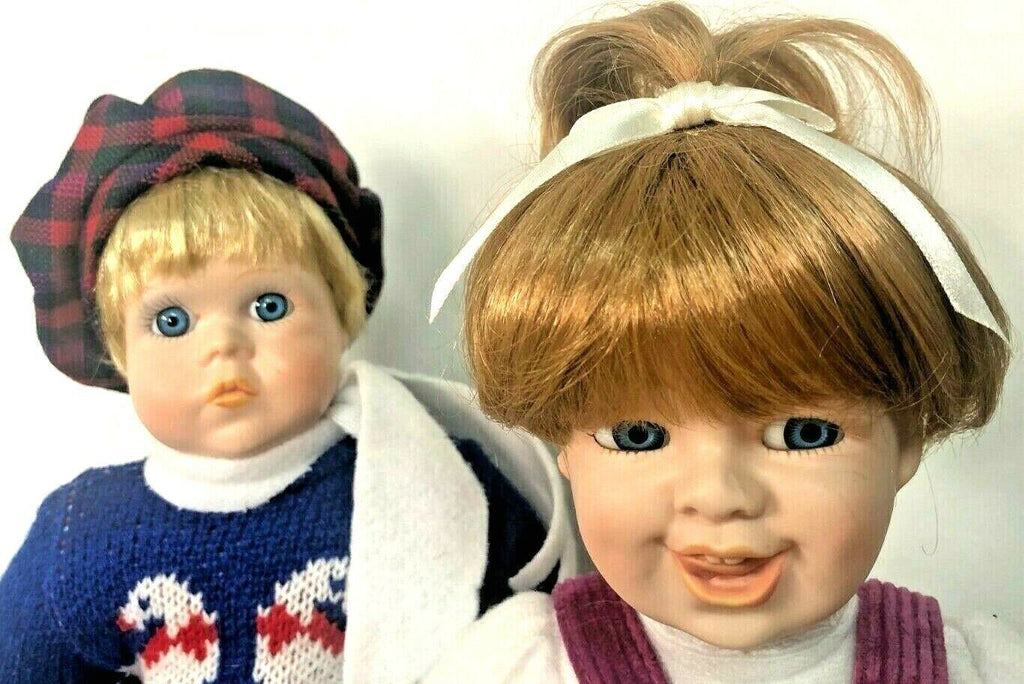 HERITAGE MINT LTD©1992© PORCELAIN DOLLS, GIRL & BOY 13.5 INCHES TALL w/STANDS