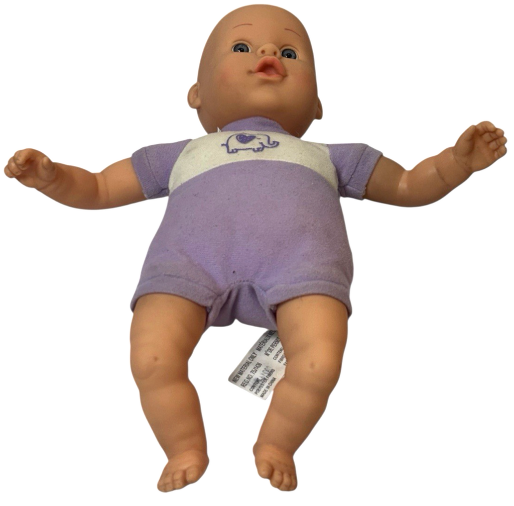 2008 Cititoy Baby Doll Blue Eyes Purple Body 13'' W/Elephant on White-Bib