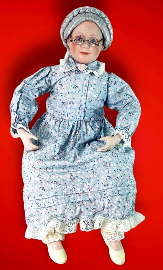 1991 Danbury Mint Porcelain Doll MBI Sitting Grandmother Sitting on Stool.