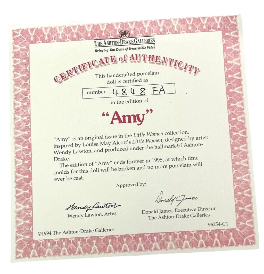 LITTLE WOMAN COLLECTION 1994 PORCELAIN DOLL AMY No 4848FA w/CERTIFICATE