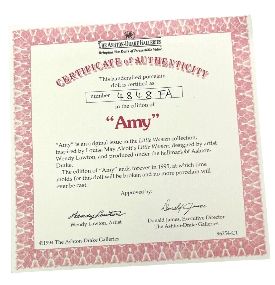 LITTLE WOMAN COLLECTION 1994 PORCELAIN DOLL AMY No 4848FA w/CERTIFICATE