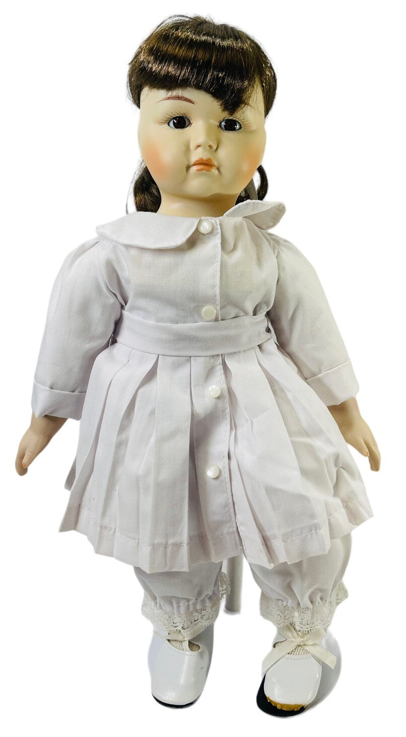 Adorable 16” Porcelain Doll Brunette W/Brown Hair Wearing 2-Piece Dress Set.