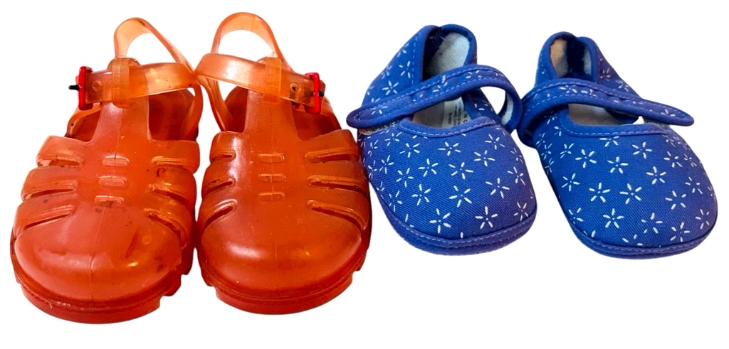 Lot of 2 Doll Baby Shoes ~ Blue & Peach Soft Sole L 4.5" X W 2" Preowned