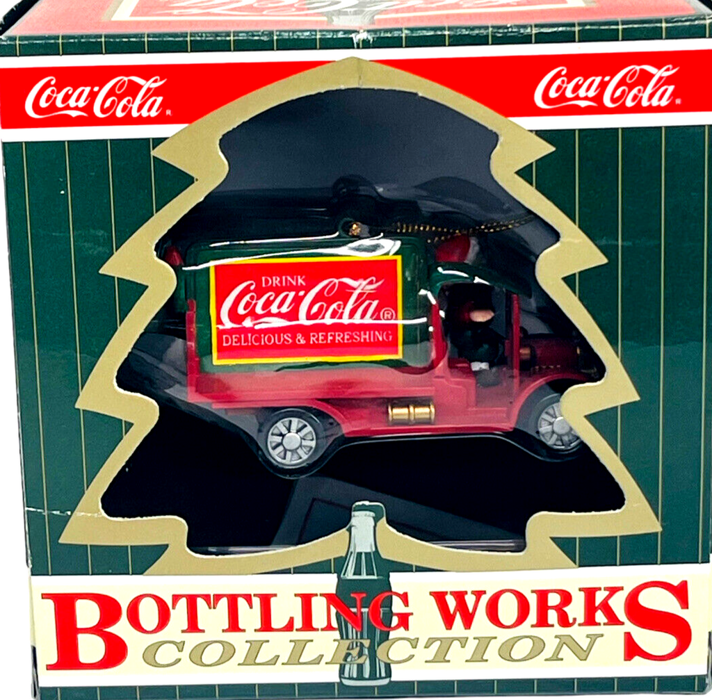 1997 Coca Cola Truck Ornament Holding a Bottle of Coke W/Santa's Ornament