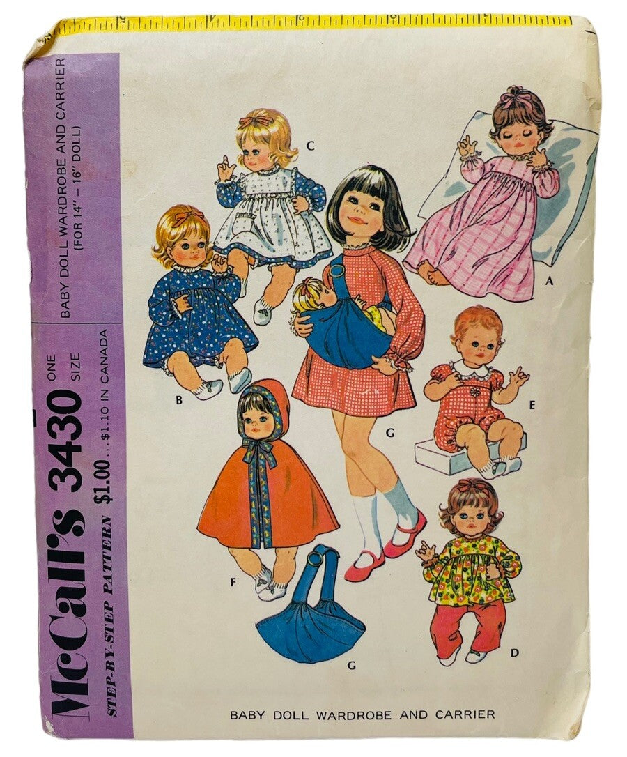 McCall's 3430 Baby Doll Wardrobe & Carrier Pattern for 14"-16" Dolls, Vintage