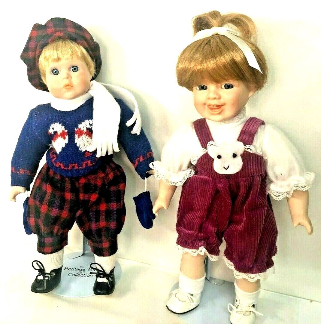 HERITAGE MINT LTD©1992© PORCELAIN DOLLS, GIRL & BOY 13.5 INCHES TALL w/STANDS