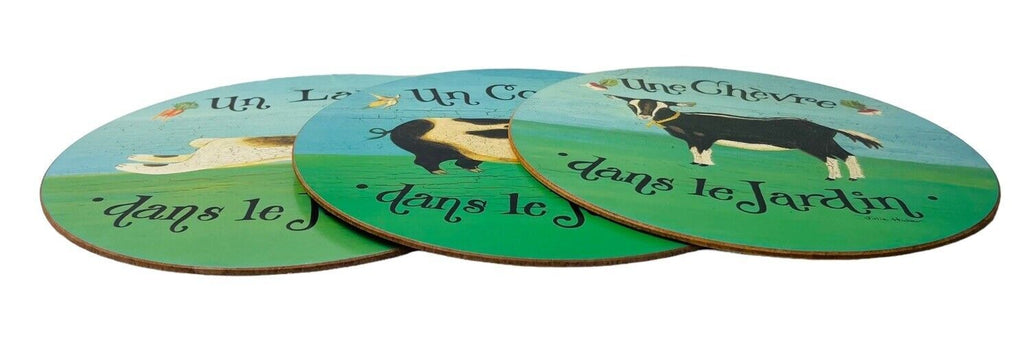 HOT PLATES PADS 10X10" PIG~COW~RABBIT IN THE GRADEN~TRIVETS-WRITTEN IN FRENCH
