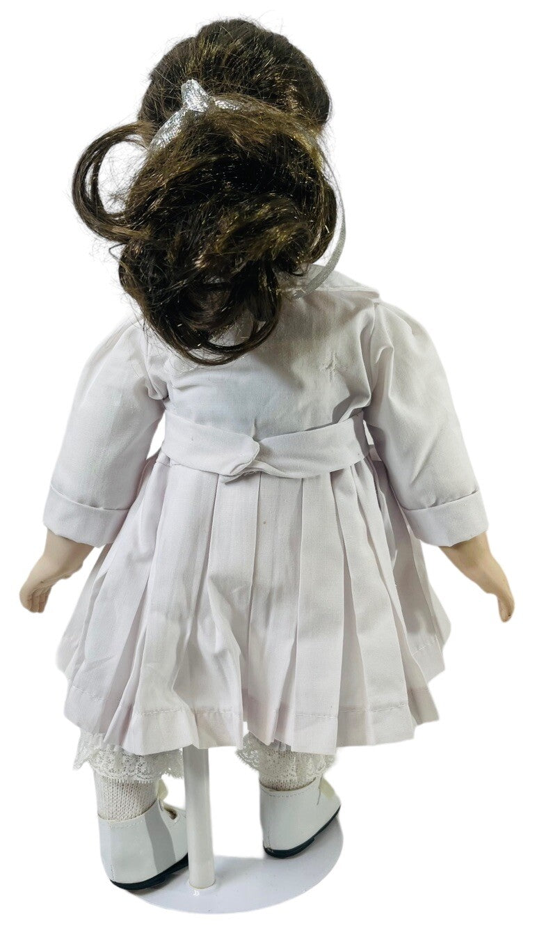 Adorable 16” Porcelain Doll Brunette W/Brown Hair Wearing 2-Piece Dress Set.