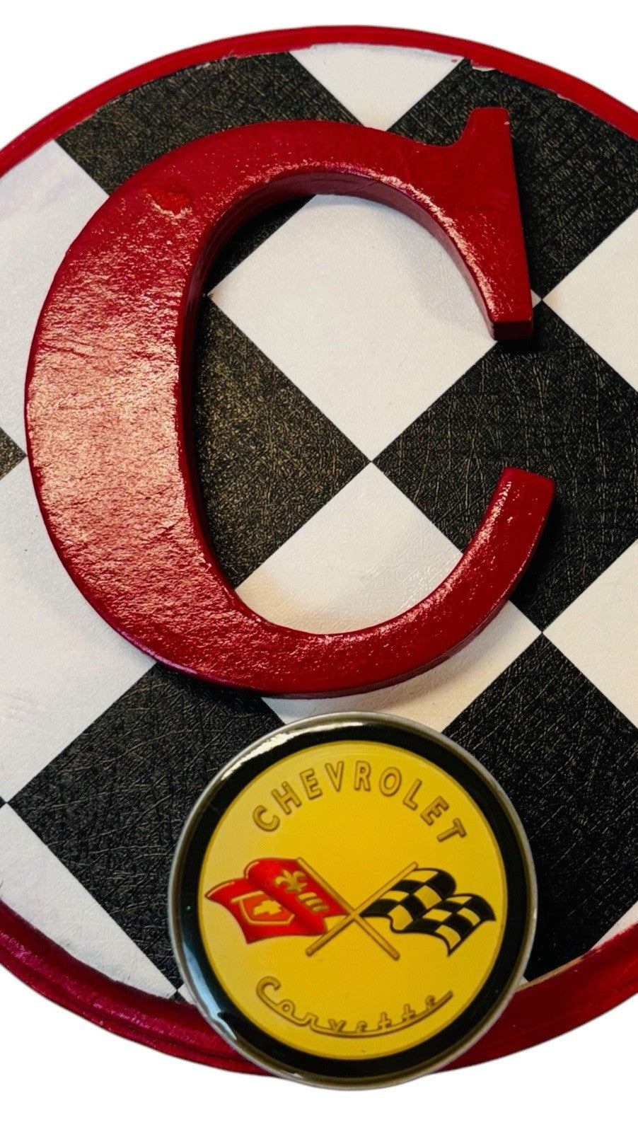 CHEVROLET CARVETTE RACING FLAG Metal Hook On Wood Plaque  6.5X6.5" Round.