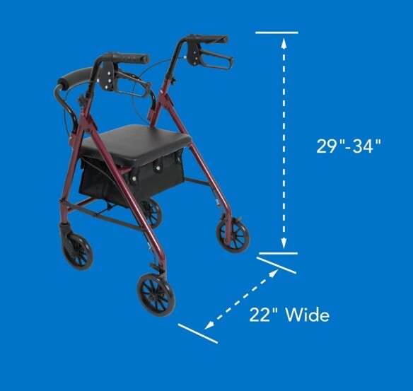 Basic Steel Rollator W/6” Wheels Knockdown Rolling Walker REF: 1000RA (Burgundy)