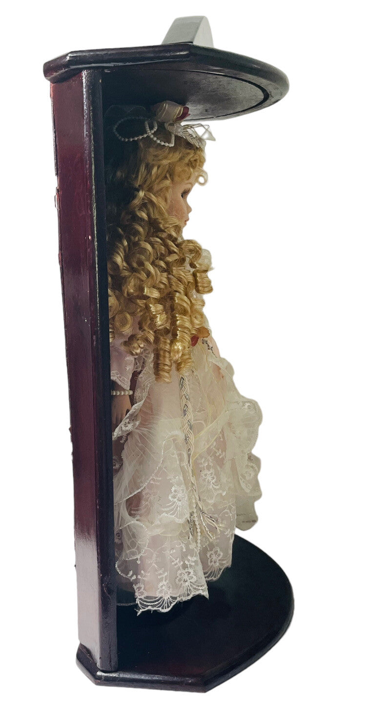 17' Porcelain Doll W/BLUE Eyes Golden Locks (Goldenvale) & Red Wood Display Case
