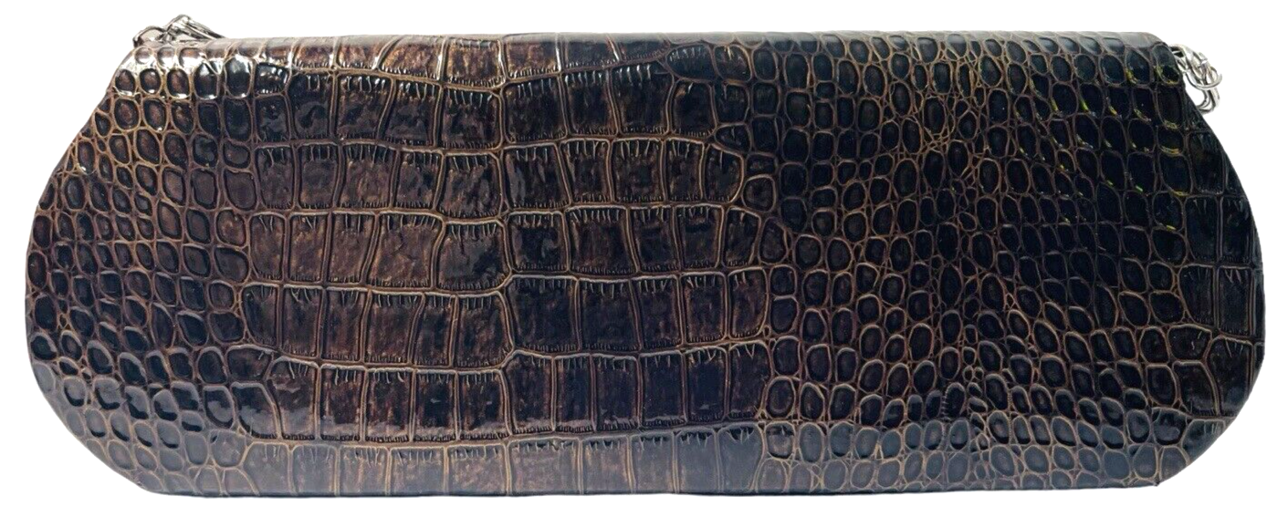 Faux Crocodile Leather Clutch Pruse Brown-L 11" X H 4" Chain Strap ~ Kate Landry