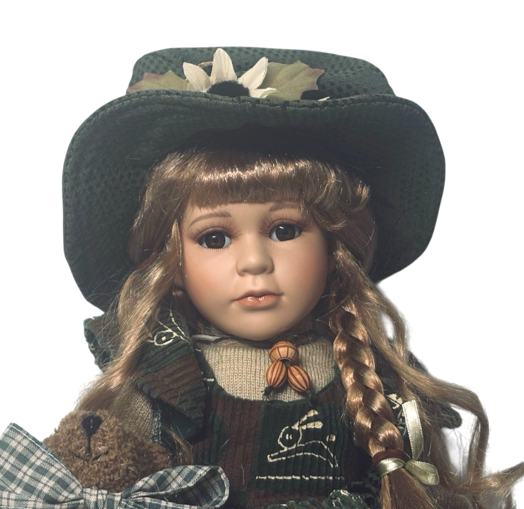 20” PORCELAIN DOLL W/ Blond Hair-Big Brown Eyes-Lifelike Eyelashes & Teddy Bear.