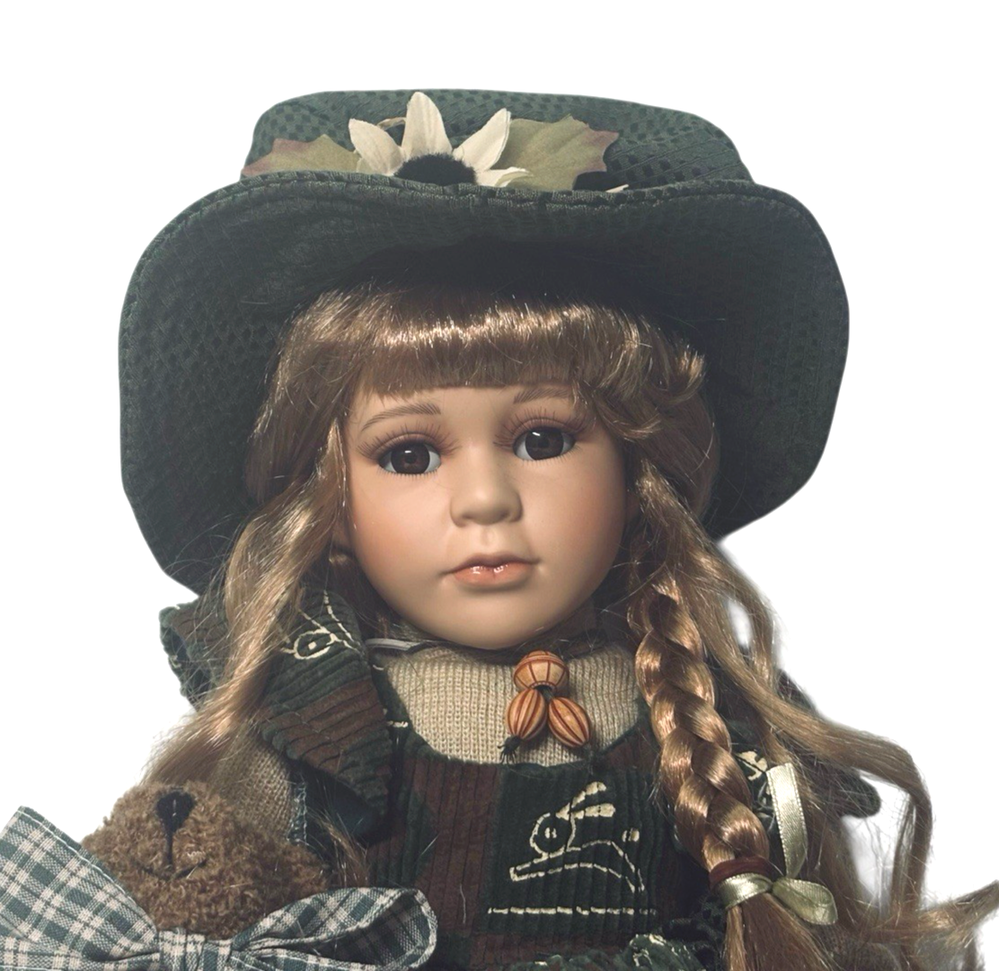 20” PORCELAIN DOLL W/ Blond Hair-Big Brown Eyes-Lifelike Eyelashes & Teddy Bear.