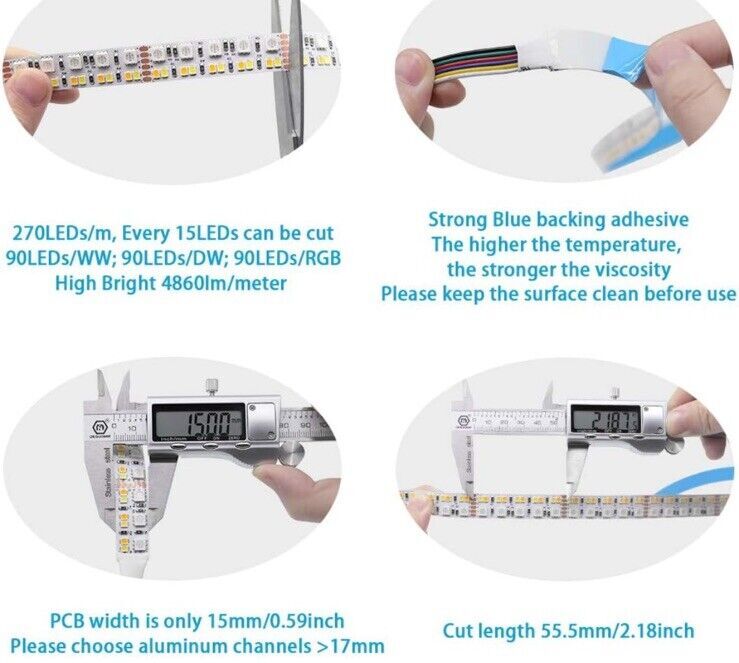 LED Strip Lights Brightest RGB+CCT Flexible 270LEDs/Meter 5050 RGB+2835~16.4Ft.