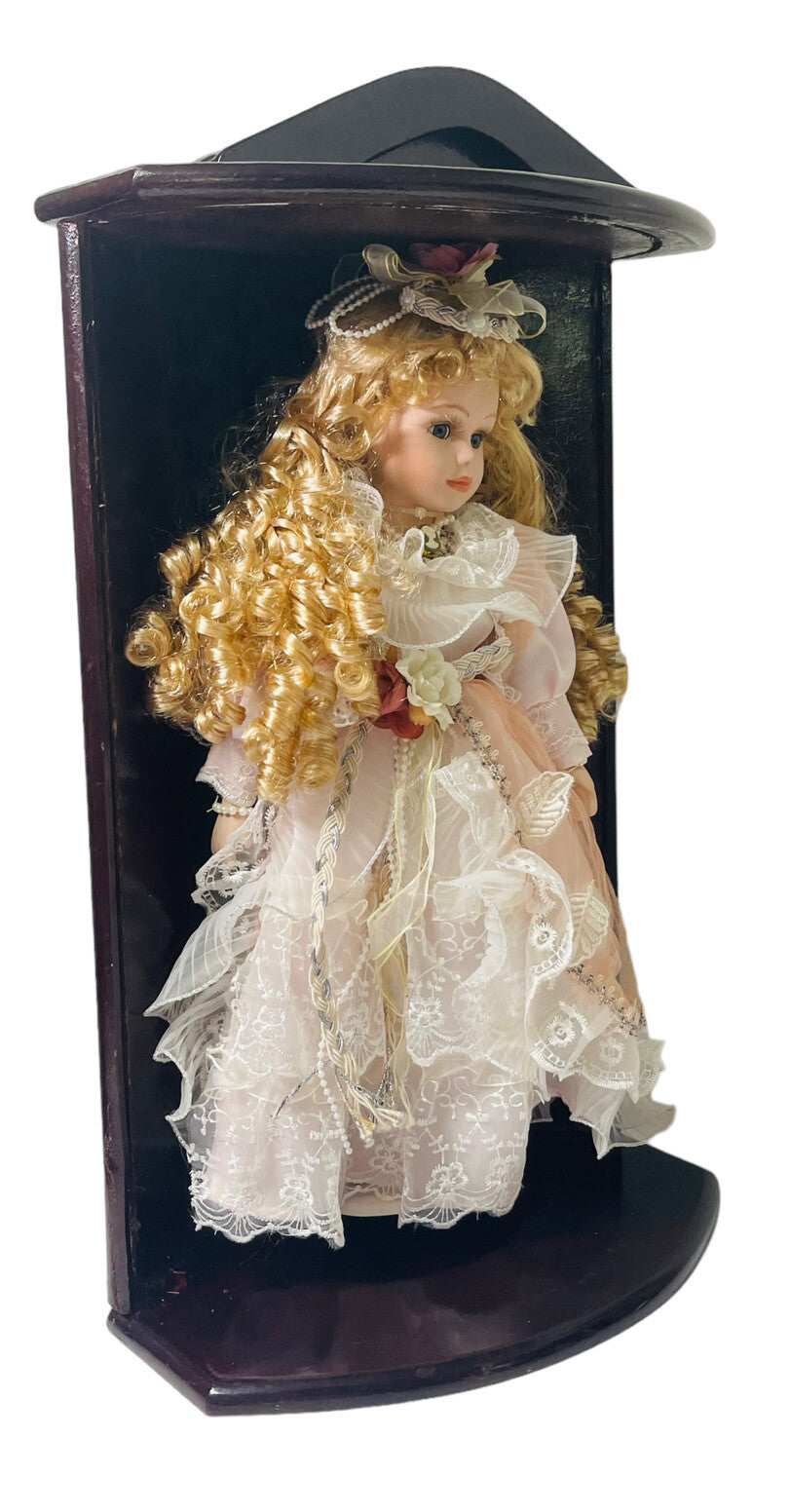 17' Porcelain Doll W/BLUE Eyes Golden Locks (Goldenvale) & Red Wood Display Case