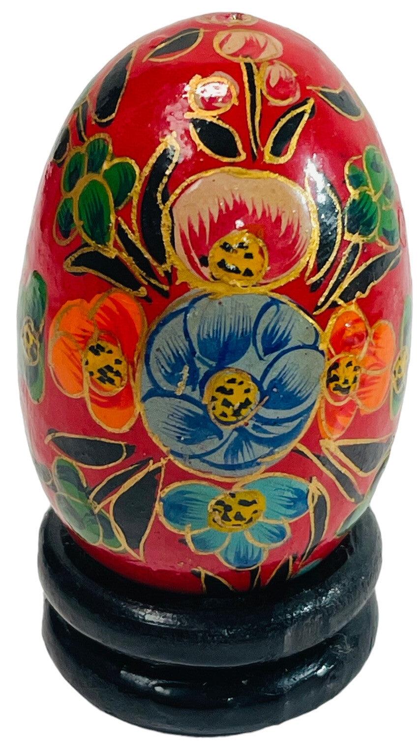 Floral Wood Egg w/Bright Flowers, Handmade w/Original Stand Kashmir India, MINT