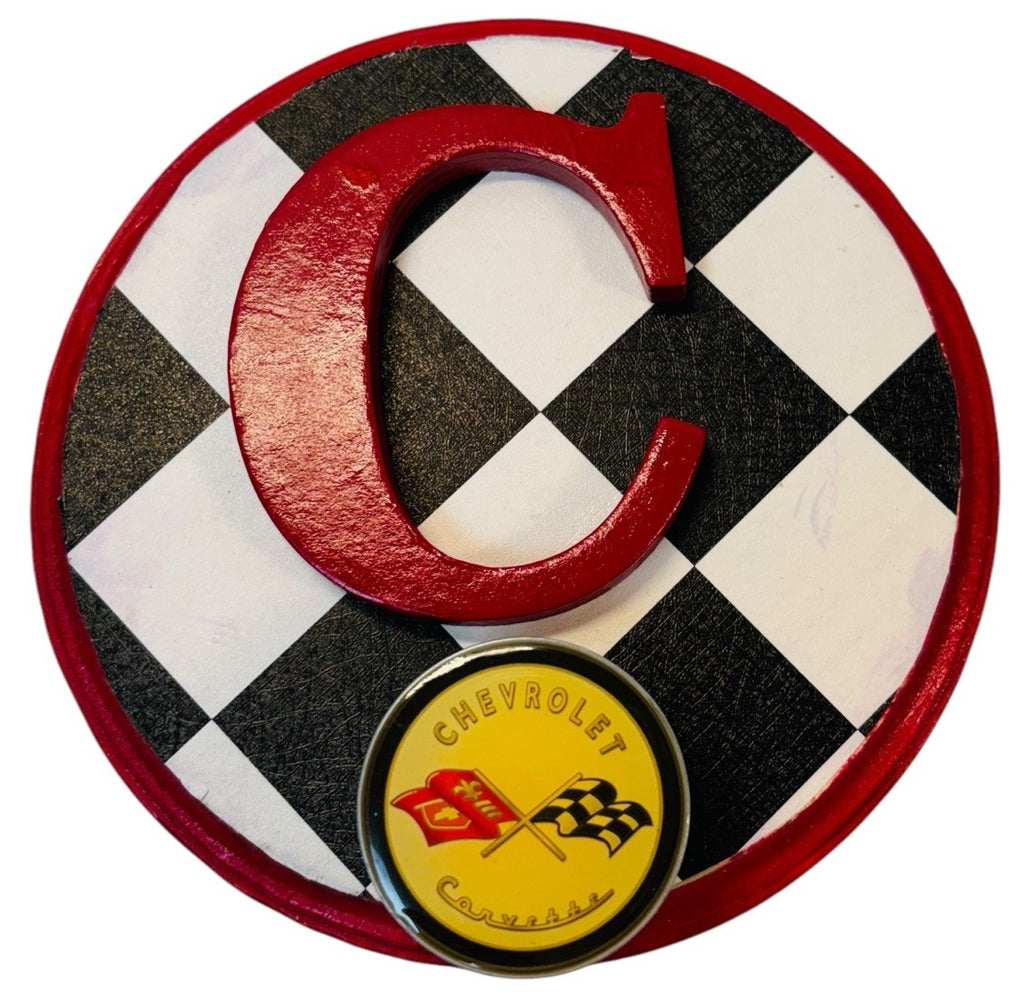 CHEVROLET CARVETTE RACING FLAG Metal Hook On Wood Plaque  6.5X6.5" Round.