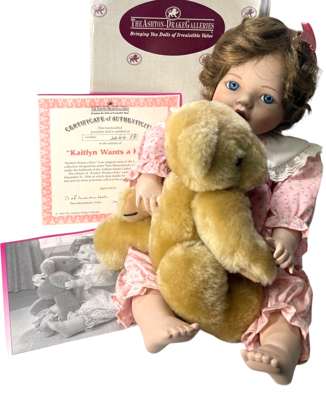 PORCELAIN DOLL KAITLYN w/Teddy Bear 1993 THE ASHTON-DRAKE GALLERIES No. 2444 FB