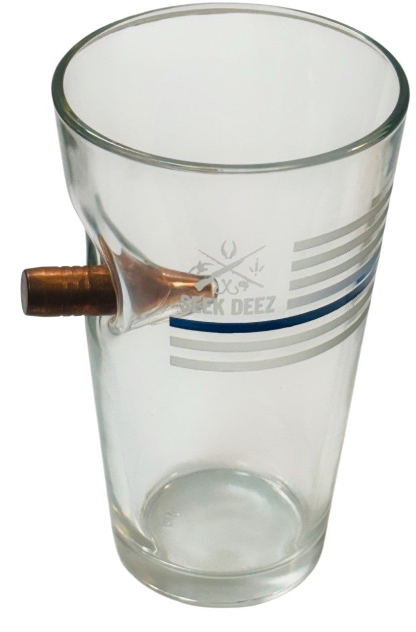 Thin Blue Line Pint Glass w/CNC'd Copper Bullet (Lead/Gunpowder Free) Seek Deek.