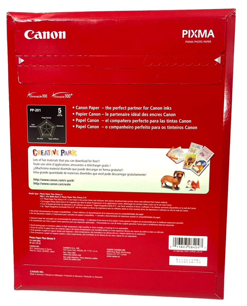 GLOSSY II Photo Paper Plus 8-1/2 x 11 Pack of 20 Sheets Canon PP-201 ~ BRAND NEW