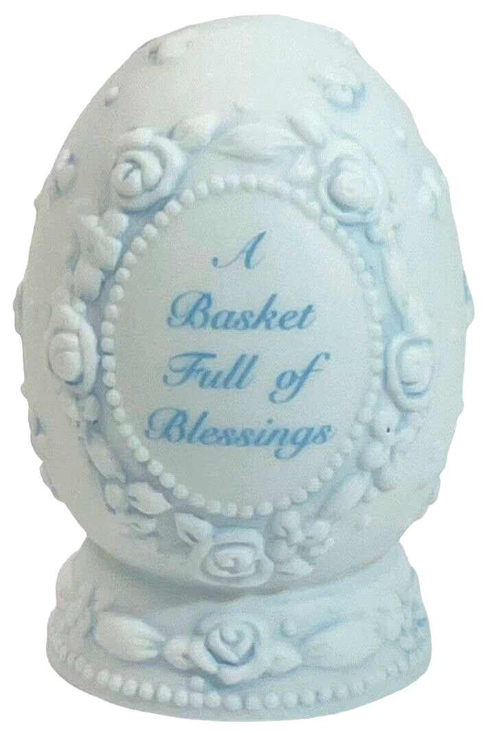 1997 Precious Moments Figurine P/M BOY W/BASKET ON BLUE EGG-Enesco