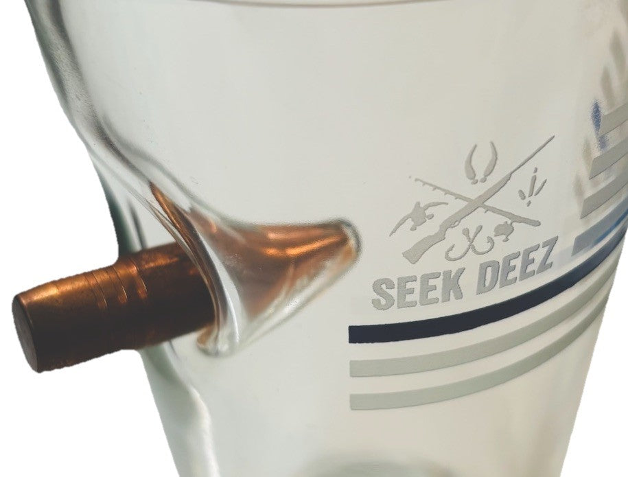 Thin Blue Line Pint Glass w/CNC'd Copper Bullet (Lead/Gunpowder Free) Seek Deek.