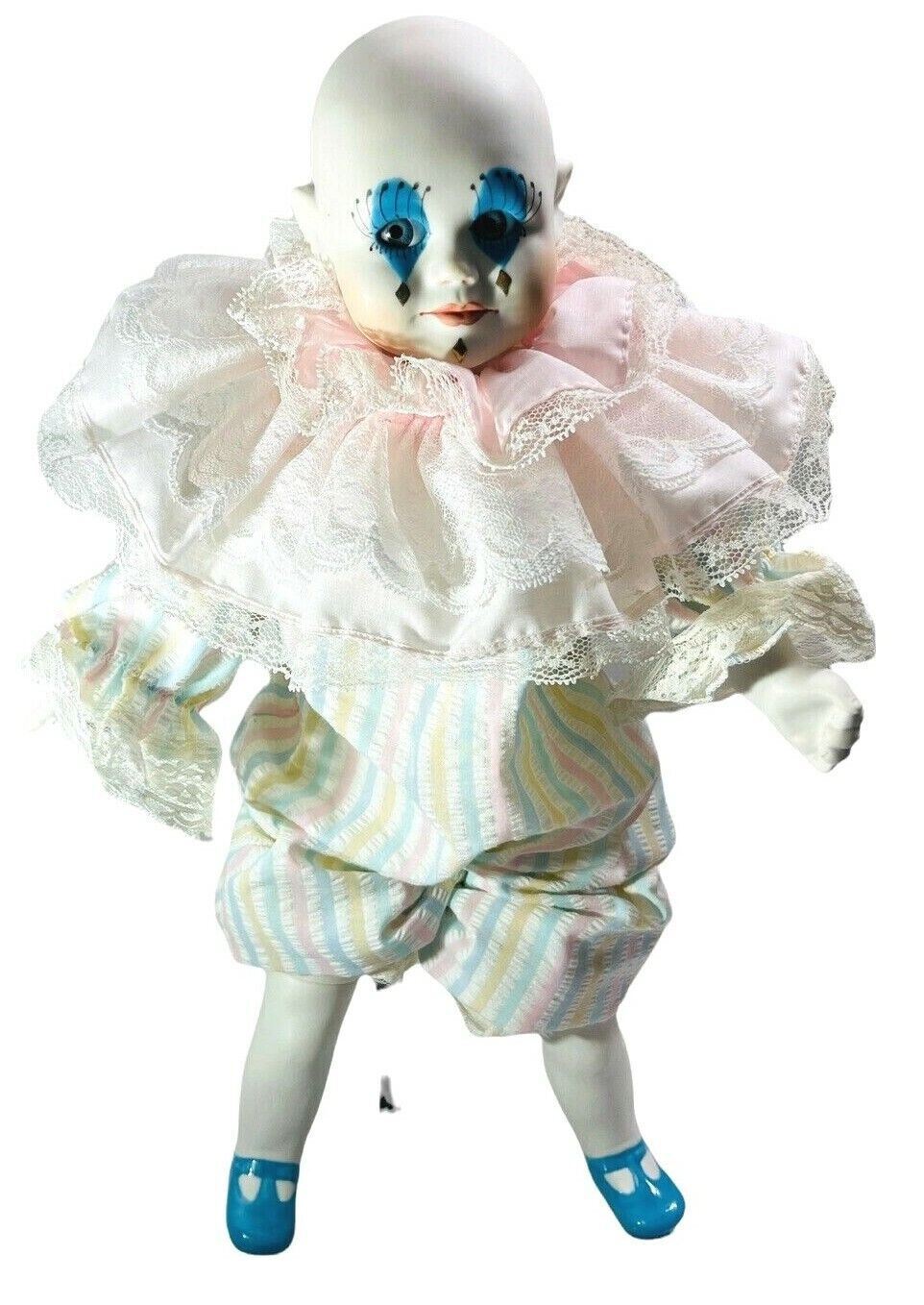 1980 Porcelain Clown Doll WINDUP CLOWN ~ PINK HAIR ~ WITH STAND.