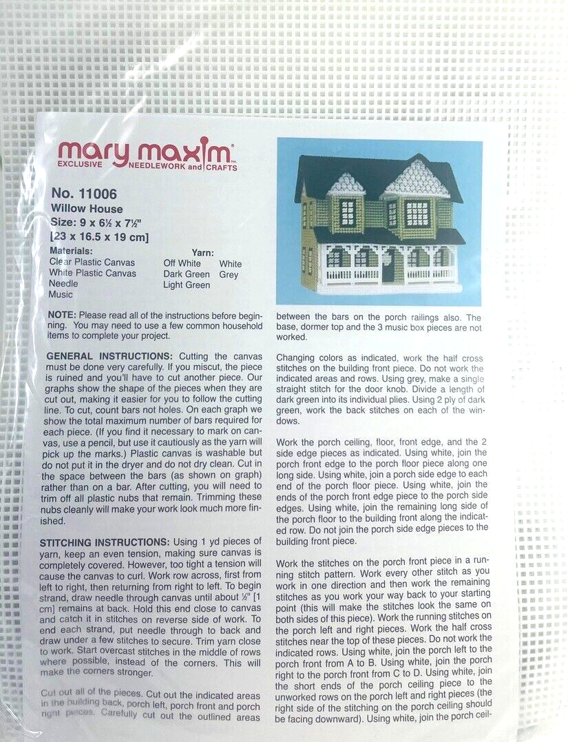 Cross Needle Stitch Plastic Canvas Kit “Willow House” No. 11006.